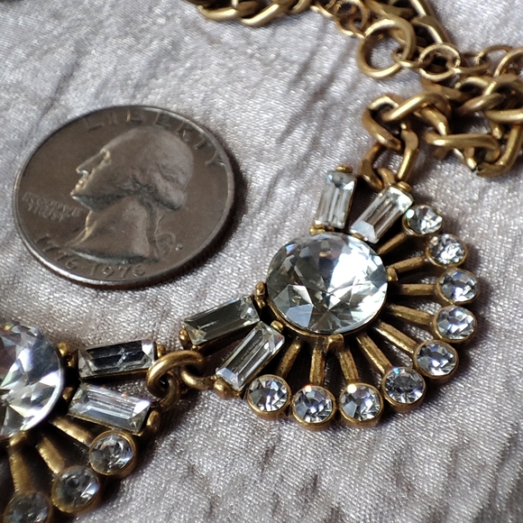 J. Crew Fan Baguette Crystal Clear Rhinestone Brass Tone Statement Necklace EUC - Picture 5 of 10